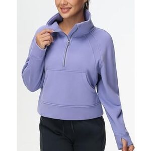 Half Zip Pullover Fleece Stand Collar Crop Sweatshirt with Pockets Purple